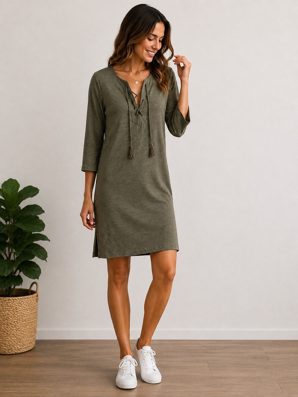 Boden Olive Green Lace Up Cotton Shift Dress Size 6 3/4 Sleeve Casual Boho